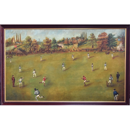 312 - A large 19th century naive oil on canvas, cricket game with spectators, bears Rowley Gallery label t... 