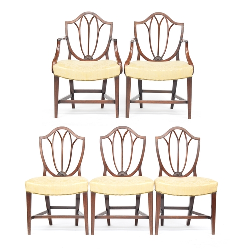 445 - A set of five George III Hepplewhite style mahogany side chairs, two carvers, the shield backs above... 