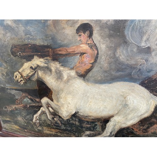 320 - An early 20th century oil on canvas, topless youth with two stallions, bears Christies label to vers... 