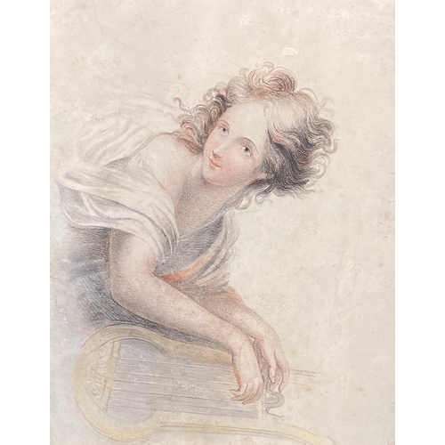 280 - A 19th century pencil and pastel drawing of a classical lady with lyre, 34.5x27cm