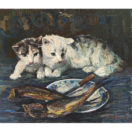 330 - Attributed to Franco Girosi (1896-1987), two kittens with plate of fish, signed lower right, 38x43.5... 