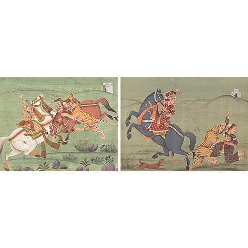 268 - A pair of 19th century Indian Marwar school tiger hunting scenes, gouache on paper, each 20x25.5cm