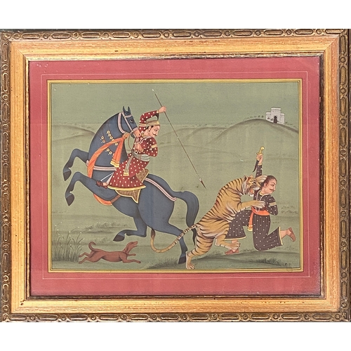 268 - A pair of 19th century Indian Marwar school tiger hunting scenes, gouache on paper, each 20x25.5cm