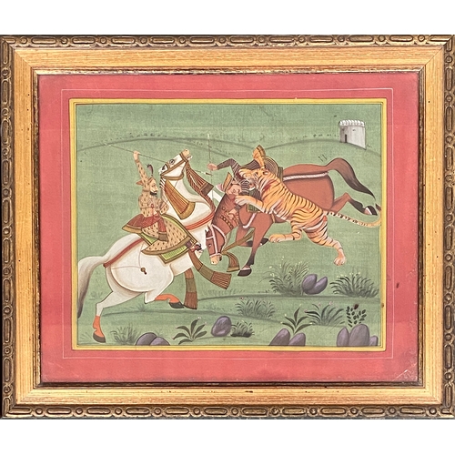 268 - A pair of 19th century Indian Marwar school tiger hunting scenes, gouache on paper, each 20x25.5cm