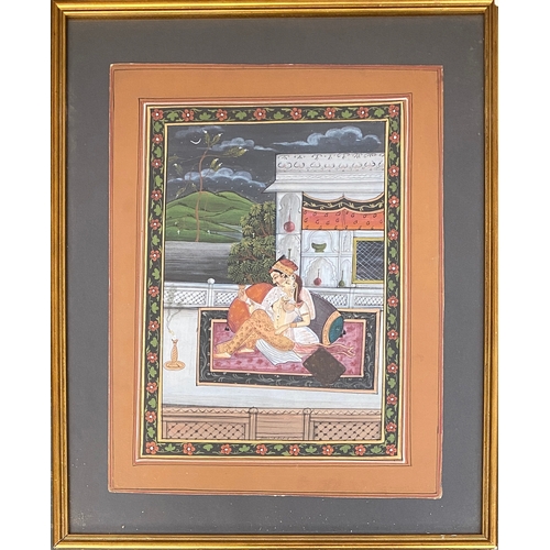 269 - A 19th century Indian erotic scene within a palace, gouache on paper, 28x20cm