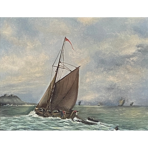 292 - A small 19th century oil on board, fishing boat off the coast, 16x20cm