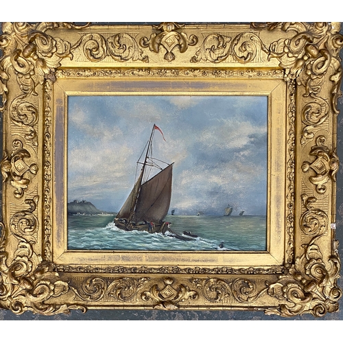 292 - A small 19th century oil on board, fishing boat off the coast, 16x20cm