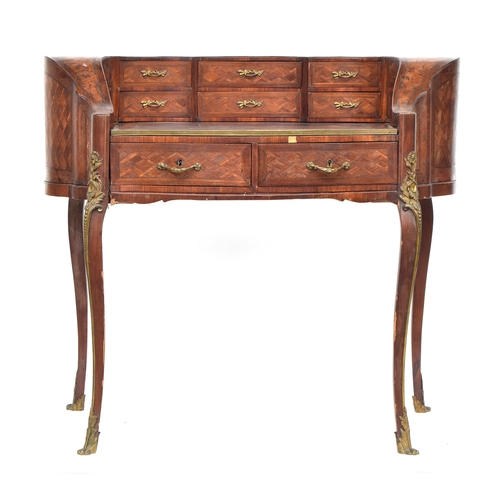 405 - A 19th century Dutch parquetry desk, the superstructure with six drawers, pull out top, over two fri... 