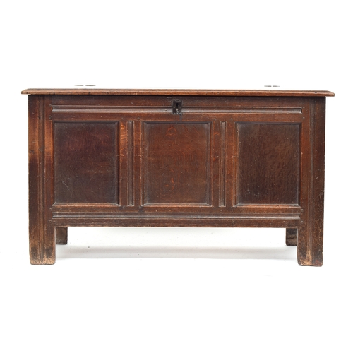 362 - A late 17th/early 18th century three panel oak coffer, the front with channelled stiles, 120cm wide,... 