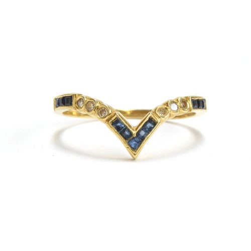 17 - An 18ct gold, diamond and calibre cut sapphire wishbone ring, size O, gross weight 1.8g