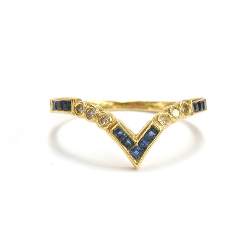 17 - An 18ct gold, diamond and calibre cut sapphire wishbone ring, size O, gross weight 1.8g