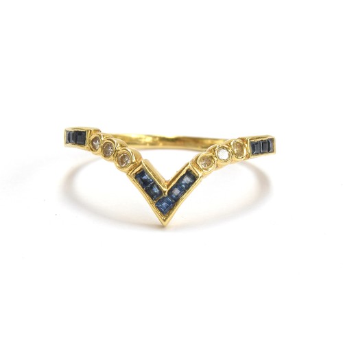 17 - An 18ct gold, diamond and calibre cut sapphire wishbone ring, size O, gross weight 1.8g