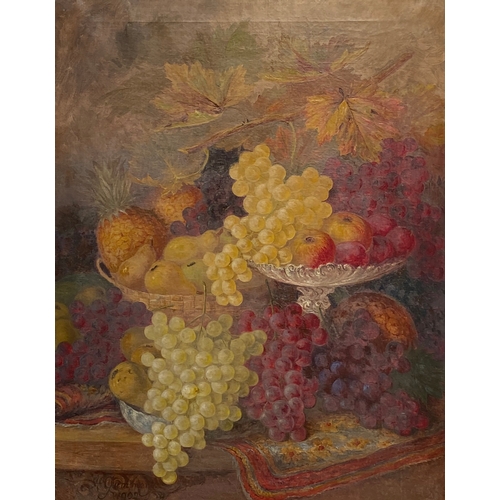 324 - Early 20th century oil on canvas, a large still life of fruit, signed indistinctly and dated 1902, 6... 