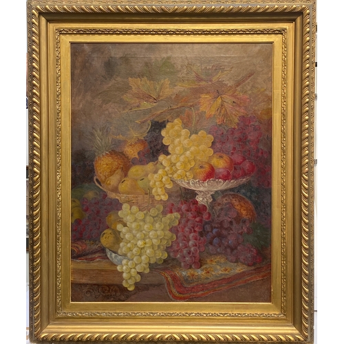 324 - Early 20th century oil on canvas, a large still life of fruit, signed indistinctly and dated 1902, 6... 