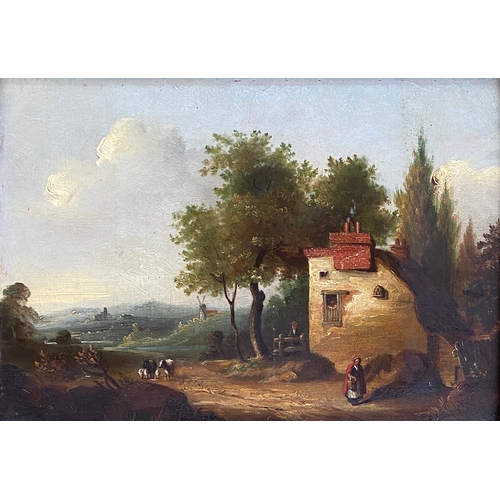 302 - Manner of Constable, 19th century oil on mahogany panel, cottage in a rural landscape with a windmil... 