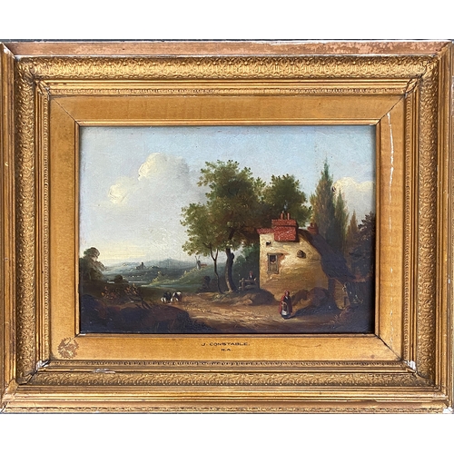 302 - Manner of Constable, 19th century oil on mahogany panel, cottage in a rural landscape with a windmil... 