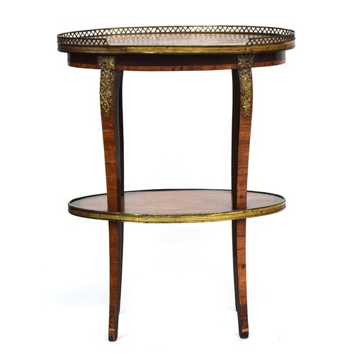 401 - A late 18th century French kingwood, marquetry and ormolu mounted two tier oval etagere, with brass ... 