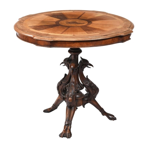 432 - A Continental walnut and specimen wood tripod occasional table, mid-19th century, the shaped round s... 