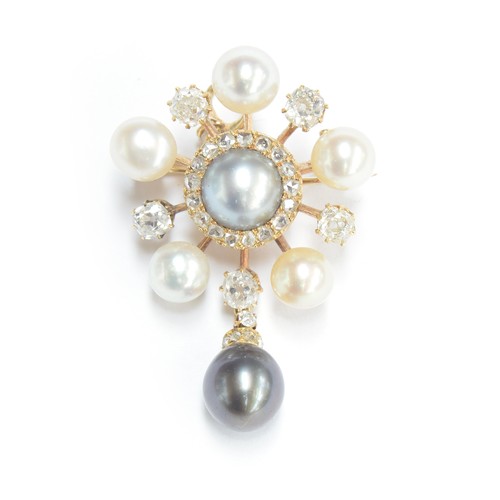 13 - An early 20th century gold, diamond and pearl pendant brooch, the central grey pearl 0.8cm diameter ... 