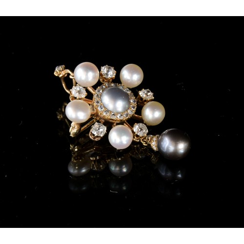 13 - An early 20th century gold, diamond and pearl pendant brooch, the central grey pearl 0.8cm diameter ... 