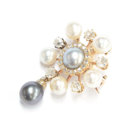 13 - An early 20th century gold, diamond and pearl pendant brooch, the central grey pearl 0.8cm diameter ... 