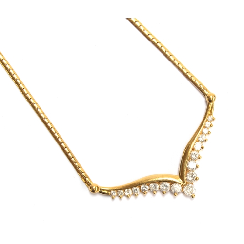 27 - An 18ct gold and diamond necklace, the flattened herringbone chain terminating in a wishbone shaped ... 