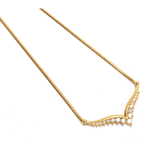 27 - An 18ct gold and diamond necklace, the flattened herringbone chain terminating in a wishbone shaped ... 