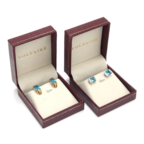 28 - A pair of Voltaire heavy 18ct gold and blue topaz earrings, stud fitting with security clasp, 1.7cm ... 