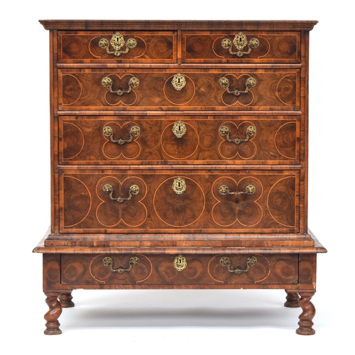 364 - A fine William & Mary walnut and olivewood oyster veneered chest on stand, c.1690, the invert moulde... 