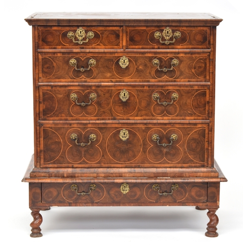 364 - A fine William & Mary walnut and olivewood oyster veneered chest on stand, c.1690, the invert moulde... 