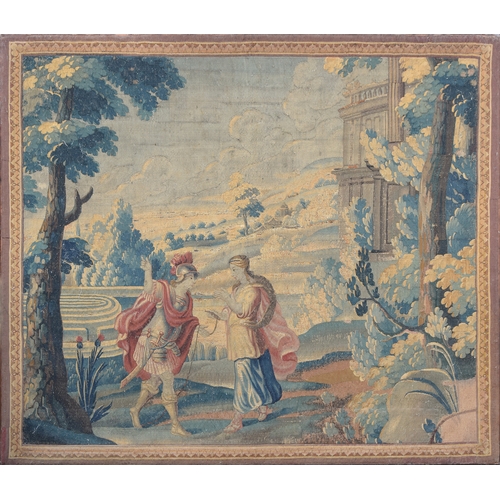 351 - An 18th century Soho tapestry, depicting a knight and lady in a landscape, with maze in background, ... 