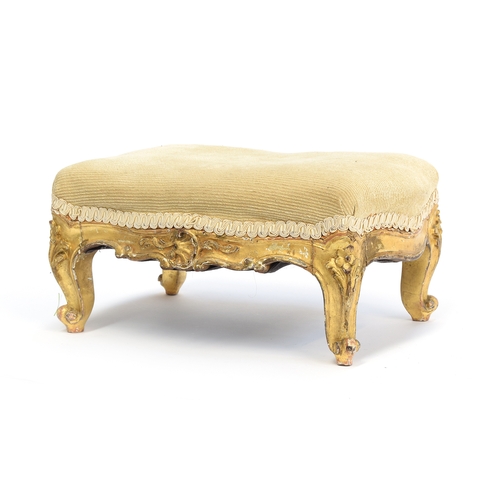 459 - A small 19th century giltwood upholstered footstool, 38cm wide, 28cm deep, 17cm high

Provenance: fr... 