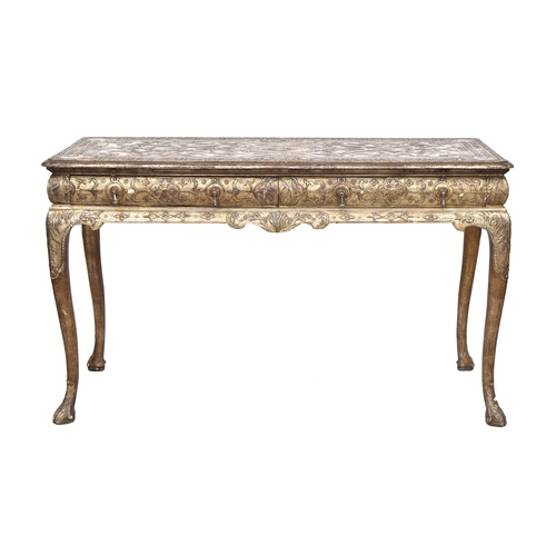 379 - An 18th century Italian gilt gesso console table, the top worked in low relief, over two slides and ... 