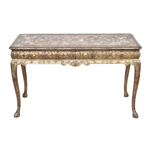 379 - An 18th century Italian gilt gesso console table, the top worked in low relief, over two slides and ... 