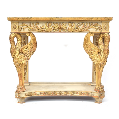 381 - A 19th century painted and gilt gesso Italian console table, the painted rectangular top over a carv... 