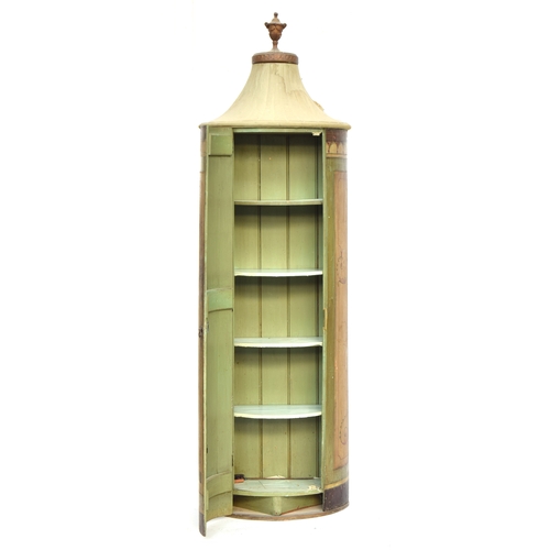 383 - A pair of 19th century demilune pier cabinets, pavilion style tops with gilt urn cresting, painted w... 