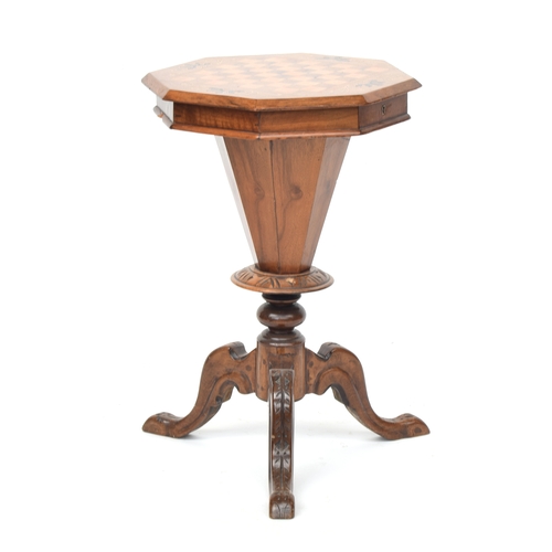 430 - A Victorian octagonal walnut work table, inlaid chessboard top, on carved tripod base, 70cm high