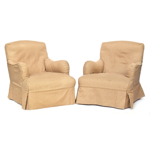 455 - A pair of Howard & Son Bridgwater armchairs, with striped loose covers, on turned front legs with st... 