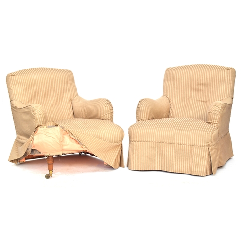 455 - A pair of Howard & Son Bridgwater armchairs, with striped loose covers, on turned front legs with st... 