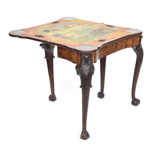 373 - A George II walnut gateleg card table, with foldover top opening to a grospoint interior depicting c... 