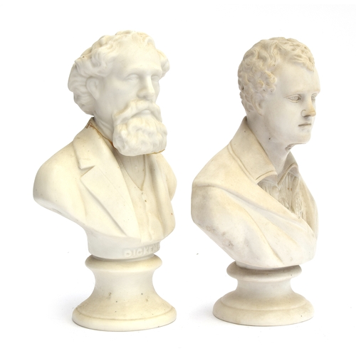 155 - Two Victorian parian busts, Lord Byron and Charles Dickens, 22cm high and 21cm high

Provenance: fro... 