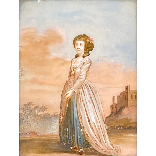 283 - A 19th century reverse painting on glass of a young lady with a castle in the background, 23.5x18cm