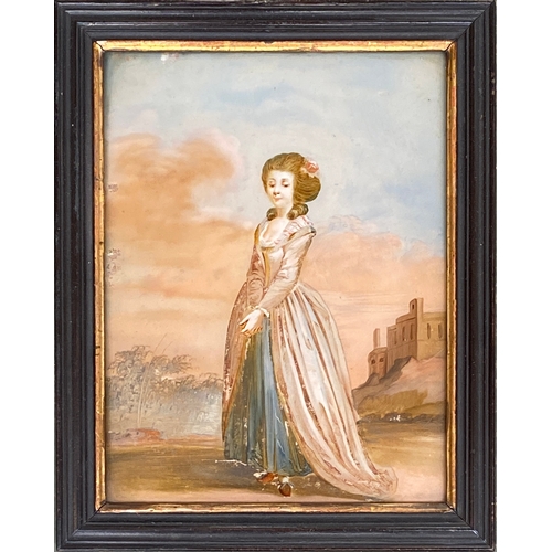 283 - A 19th century reverse painting on glass of a young lady with a castle in the background, 23.5x18cm