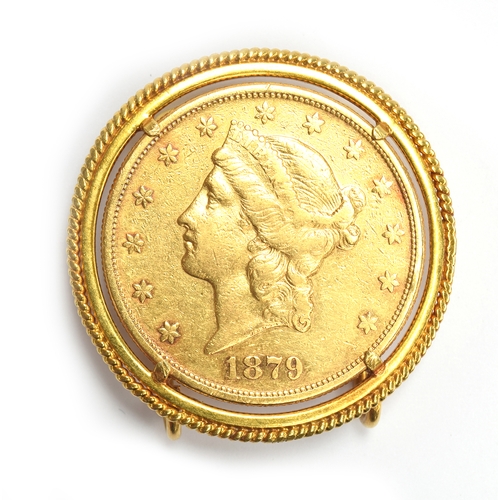 147 - A US twenty dollars, 1879, .900 gold, approx. 33.4g,  in a gold money clip, tests as 14ct or higher,... 