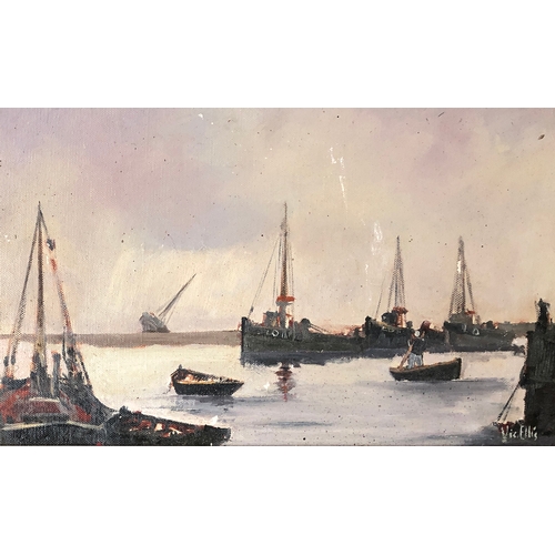 293 - Vic Ellis (British, 1921-1984), oil on canvas, boats in an estuary, signed lower right, 24.5x39.5cm