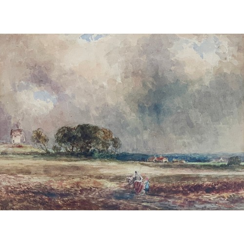 300 - David Cox (1783-1859), woman and child traversing field under a stormy sky with windmill and forest ... 