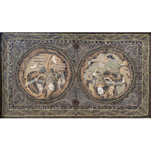 263 - A large 20th century Burmese Kalaga beadwork tapestry panel depicting two figures, one a Garuda, 82x... 