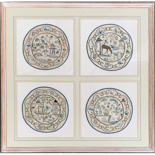 264 - A set of four framed 19th century Chinese silk needlework roundels, depicting garden scenes with pag... 