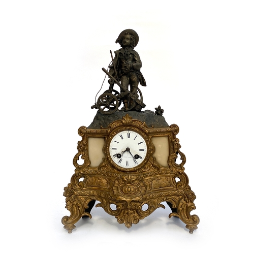 56 - A 19th century gilt metal French mantel clock, the enamel dial signed Poton, Paris, striking on a be... 