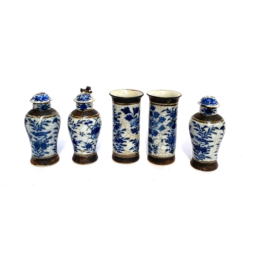 111 - Three Chinese blue and white crackle glaze lidded vases, two covers AF; together with a small matchi... 